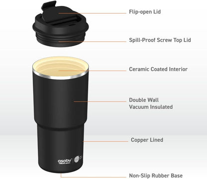 asobu 22oz Extra Large Ceramic-Lined Travel Mug with No Metal Taste-Keeps Flavors True - Double-Wall Vacuum Insulated Coffee Mug with Spill-Proof Pop-Open Lid for Hot Drinks
