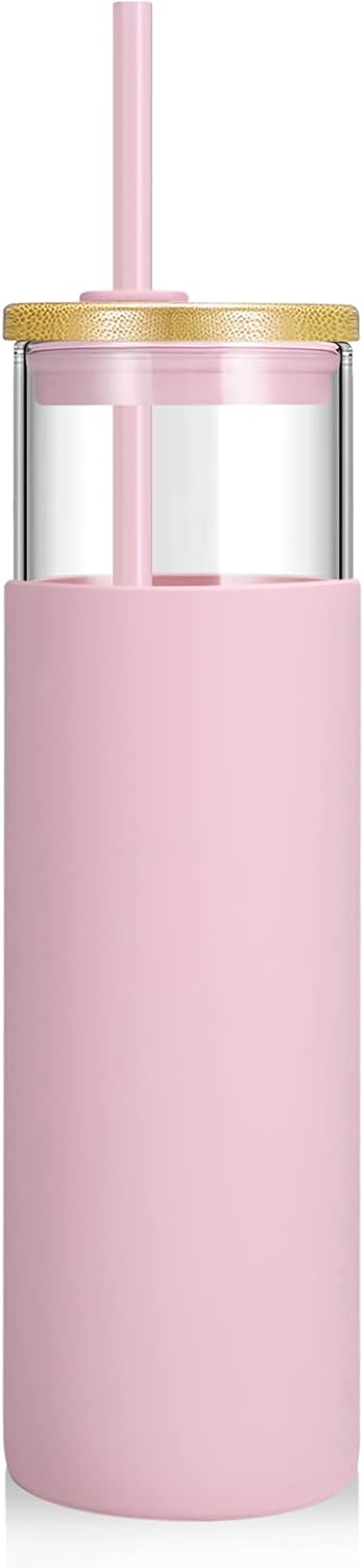 Tronco 24 oz Glass Tumbler with Lids and Straw, Reusable Iced Coffee Cup & Smoothie Cup with Bamboo Lid, Silicone Sleeve, Dishwasher Safe, BPA-Free Borosilicate Glass, 1 Pack