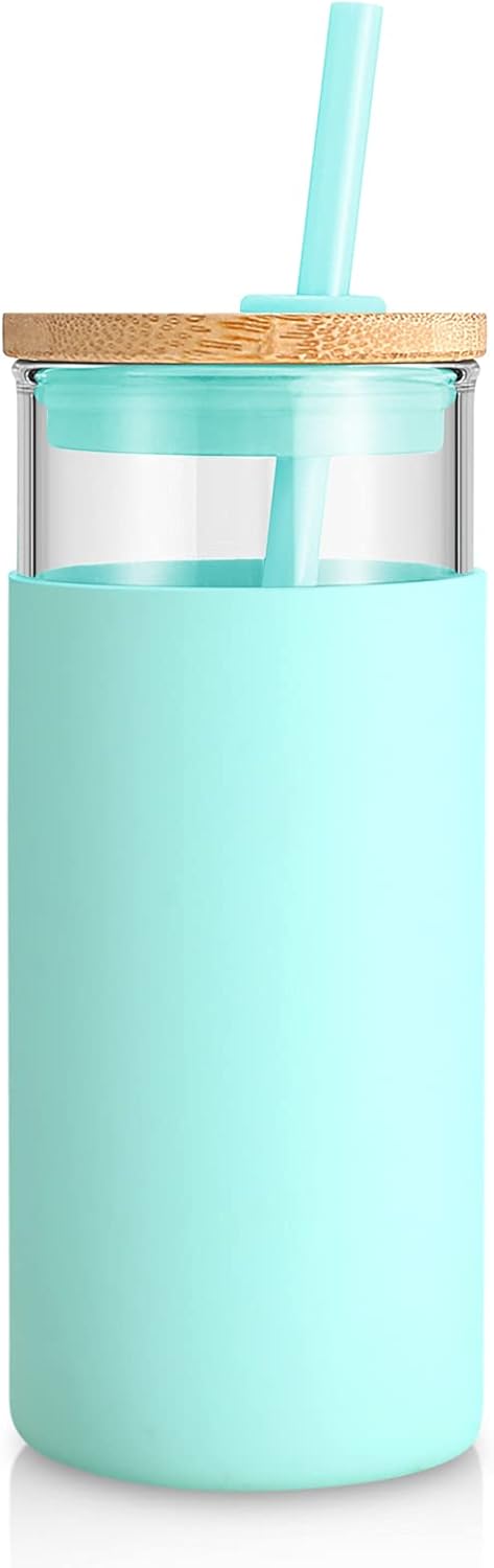 Tronco 20 oz Glass Tumbler with Lid and Straw, Iced Coffee Cup and Smoothie Cup with Bamboo Lids & Protective Silicone Sleeve, Dishwasher Safe, BPA-Free, Glass Cup 1 Pack - Colors B