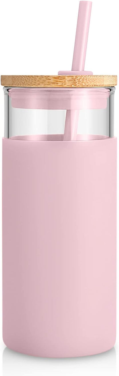 Tronco 20 oz Glass Tumbler with Lid and Straw, Iced Coffee Cup and Smoothie Cup with Bamboo Lids & Protective Silicone Sleeve, Dishwasher Safe, BPA-Free, Glass Cup 1 Pack - Colors B