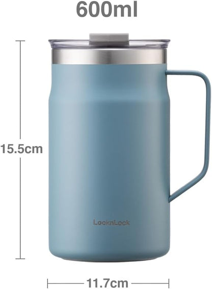 LocknLock Metro Mug Premium 18/8 Stainless Steel Double Wall Insulated with Handle Perfect for table with Lid, Black, 16 oz