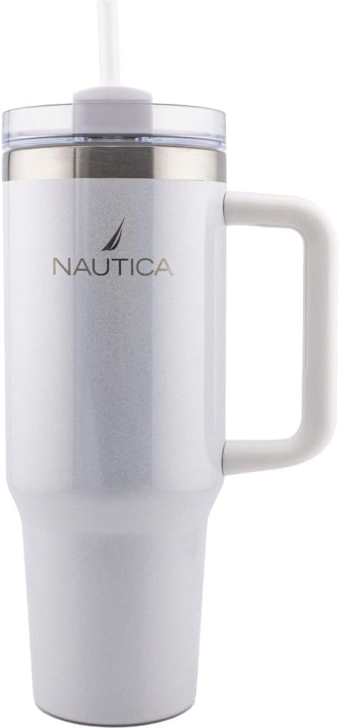 Nautica 40oz Insulated Tumbler with Handle and Straw, Stainless Steel Double Wall Vacuum Travel Mug, Leak-Resistant 3-Way Lid, Keeps Cold for 24 Hours, Fits Car Cup Holders (NAVY)