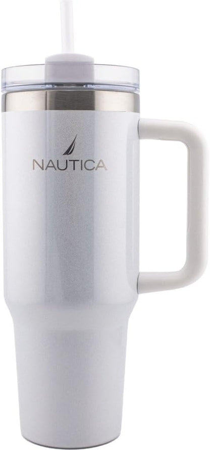 Nautica 40oz Insulated Tumbler with Handle and Straw, Stainless Steel Double Wall Vacuum Travel Mug, Leak-Resistant 3-Way Lid, Keeps Cold for 24 Hours, Fits Car Cup Holders (NAVY)