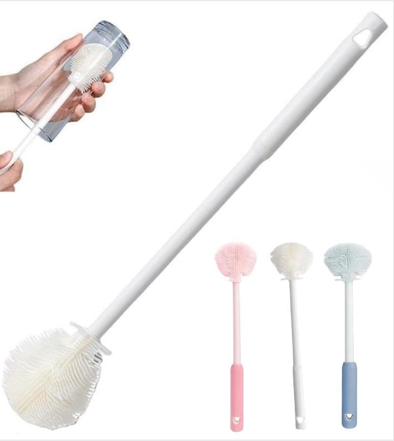 12.4" Silicone Bottle Brush, 3-in-1 Ergonomic Long Handled Cleaning Cup Brush,Water Bottle Cleaner,Deep Cleaning for Baby Bottles,Glassware, Narrow Neck Containers (White)