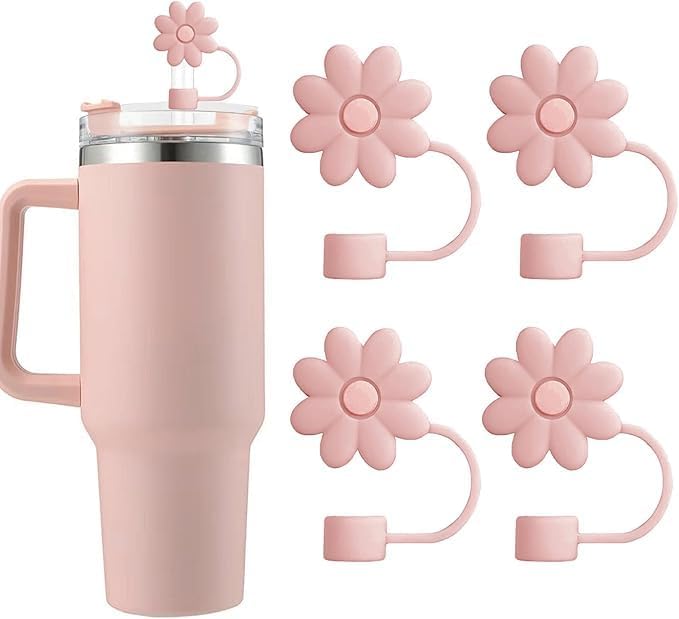 Flower Straw Covers Toppers for Stanley Cups 30&40 Oz Tumbler with Handle Accessories 4PCS Silicone Straw Caps Reusable Straws Tips Protectors for Stanley Cup 10mm 0.4in Straws,Off White