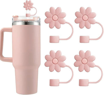 Flower Straw Covers Toppers for Stanley Cups 30&40 Oz Tumbler with Handle Accessories 4PCS Silicone Straw Caps Reusable Straws Tips Protectors for Stanley Cup 10mm 0.4in Straws,Off White
