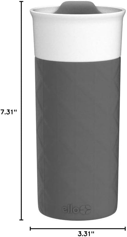 Ello Ogden Ceramic Travel Mug with Splash-Resistant Slider Lid and Protective Silicone Boot, Perfect for Coffee or Tea, BPA Free, Dishwasher Safe, Gray, 16 oz, 758-0438-040