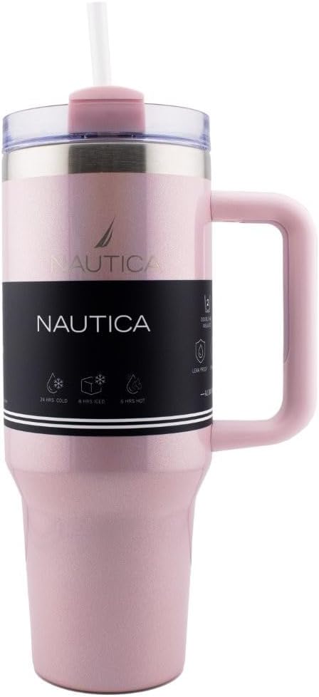 Nautica 40oz Insulated Tumbler with Handle and Straw, Stainless Steel Double Wall Vacuum Travel Mug, Leak-Resistant 3-Way Lid, Keeps Cold for 24 Hours, Fits Car Cup Holders (NAVY)