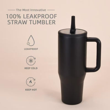 40 oz Tumbler with Handle, 100% Leakproof Insulated Tumbler with Lid and Straw, Stainless Steel Travel Mug, Water Bottle with Flip Straw, Keep Drinks Cold or Hot, Black