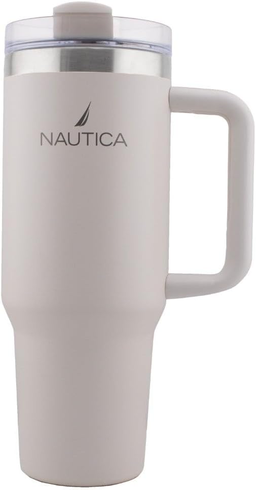 Nautica 40oz Insulated Tumbler with Handle and Straw, Stainless Steel Double Wall Vacuum Travel Mug, Leak-Resistant 3-Way Lid, Keeps Cold for 24 Hours, Fits Car Cup Holders (NAVY)