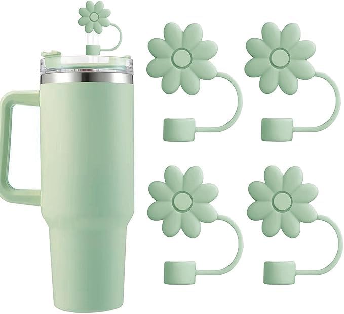 Flower Straw Covers Toppers for Stanley Cups 30&40 Oz Tumbler with Handle Accessories 4PCS Silicone Straw Caps Reusable Straws Tips Protectors for Stanley Cup 10mm 0.4in Straws,Off White