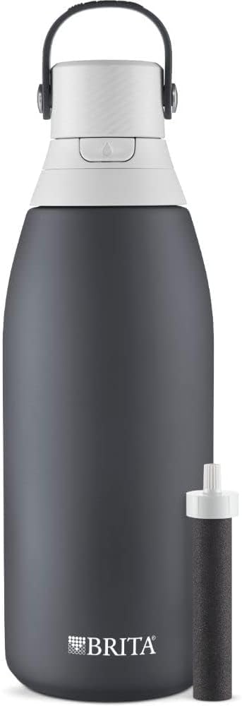Brita Stainless Steel Premium Filtering Water Bottle, BPA-Free, Reusable, Insulated, Replaces 300 Plastic Water Bottles, Filter Lasts 2 Months or 40 Gallons, Includes 1 Filter, Carbon - 32 oz