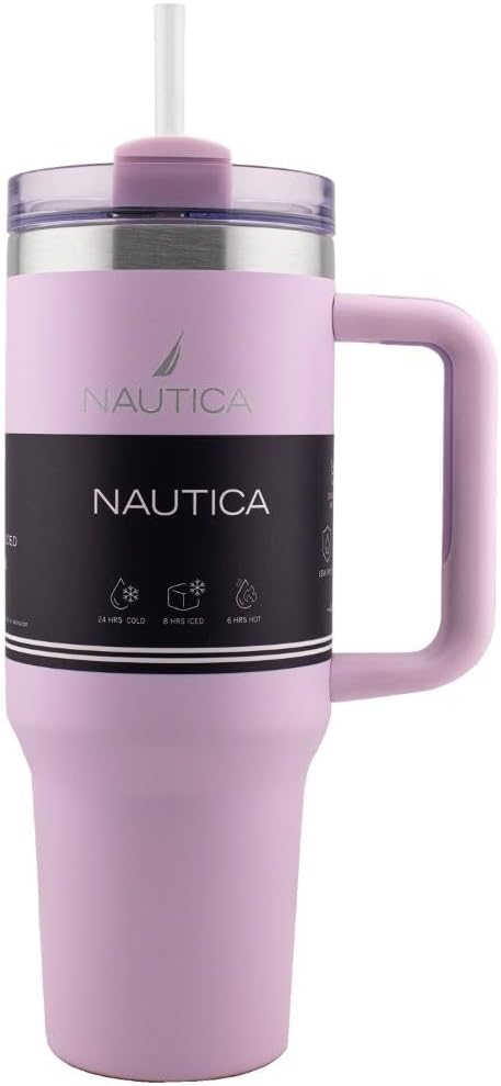 Nautica 40oz Insulated Tumbler with Handle and Straw, Stainless Steel Double Wall Vacuum Travel Mug, Leak-Resistant 3-Way Lid, Keeps Cold for 24 Hours, Fits Car Cup Holders (NAVY)