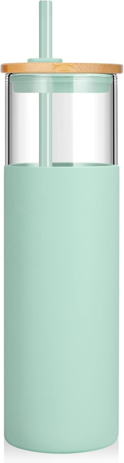 Tronco 24 oz Glass Tumbler with Lids and Straw, Reusable Iced Coffee Cup & Smoothie Cup with Bamboo Lid, Silicone Sleeve, Dishwasher Safe, BPA-Free Borosilicate Glass, 1 Pack