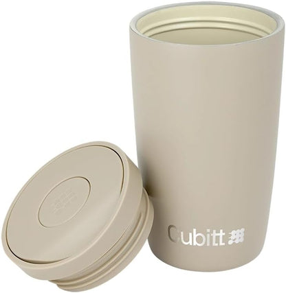 Cubitt Coffee Mug 12oz – Smart Lid, Ceramic Interior, Leak-Proof, Stainless Steel, Sand