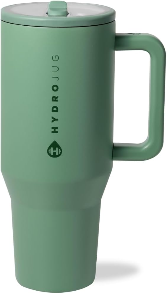 HydroJug Traveler - 40 oz Water Bottle with Handle & Flip Straw - Fits in Cup Holder, Leak Resistant Tumbler-Reusable Insulated Stainless Steel & Rubber Base - Gifts for Women & Men, Light Blue