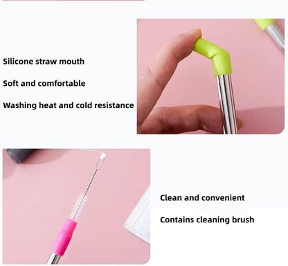 NAIVELY-Metal Reusable Straws 3 Pack Collapsible Portable Stainless Steel Drinking Straw Telescopic Travel Straw, with Case and Cleaning Brush Foldable Pocket Straws
