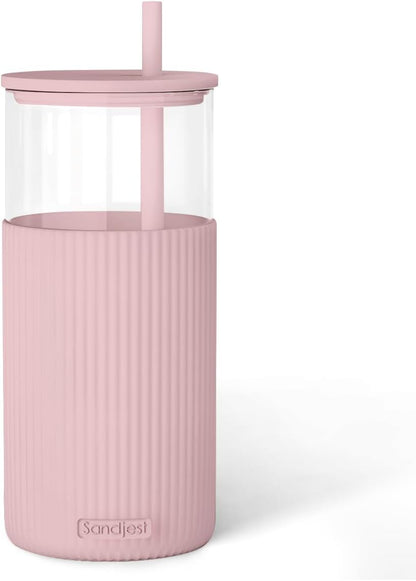 SANDJEST Glass Tumbler with Straw and Lid, Glass Water Bottle with Silicone Sleeve 20oz, Smoothie, Iced Coffee Cup, Gifts for Women Teen Girls Birthday Christmas (Cream)