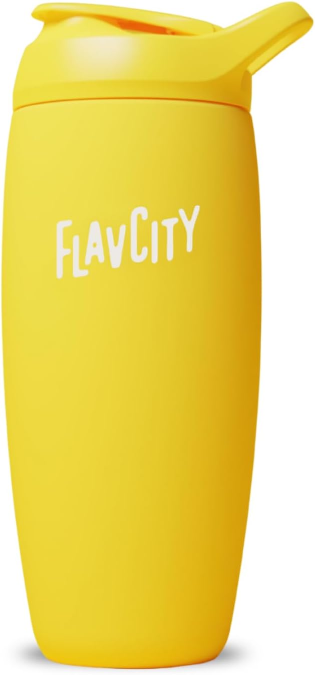 FlavCity 24 oz Stainless Steel Shaker Bottle - Insulated Protein Mixer Cup for On-the-Go Smoothies, Shakes, Electrolytes & Powder Drinks - BPA Free, Snap-Fit Agitator, Leak Resistant (Flamingo)