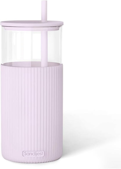 SANDJEST Glass Tumbler with Straw and Lid, Glass Water Bottle with Silicone Sleeve 20oz, Smoothie, Iced Coffee Cup, Gifts for Women Teen Girls Birthday Christmas (Cream)