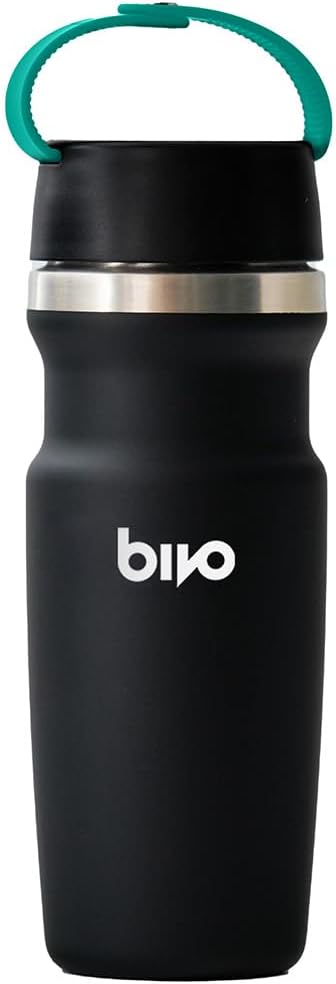 Bivo Trio Insulated Stainless Steel Bike Water Bottle with Ventura Leakproof Insulated Lid and Clippable Handle, Double-Wall Vacuum Insulated, Universal Cage Fit - 17oz, Raw
