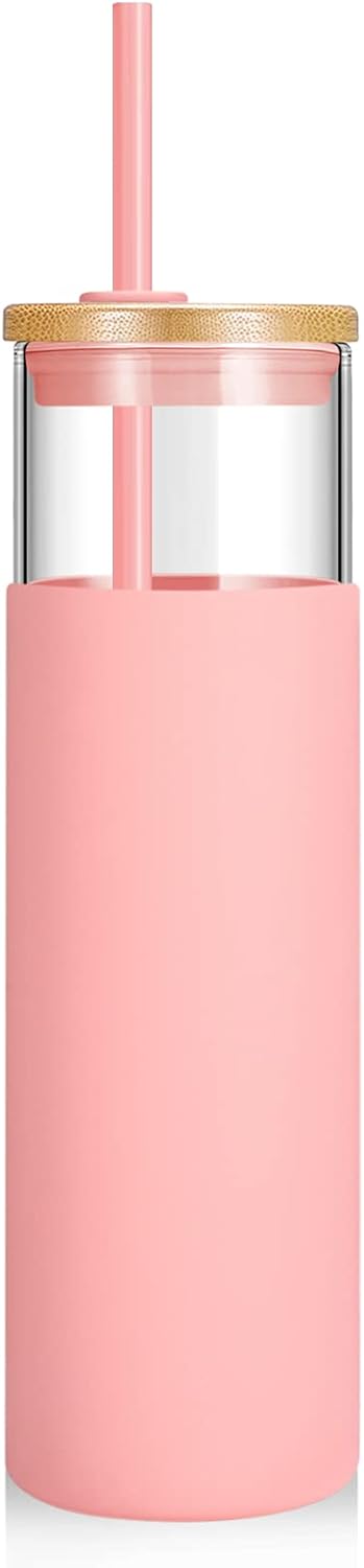 Tronco 24 oz Glass Tumbler with Lids and Straw, Reusable Iced Coffee Cup & Smoothie Cup with Bamboo Lid, Silicone Sleeve, Dishwasher Safe, BPA-Free Borosilicate Glass, 1 Pack