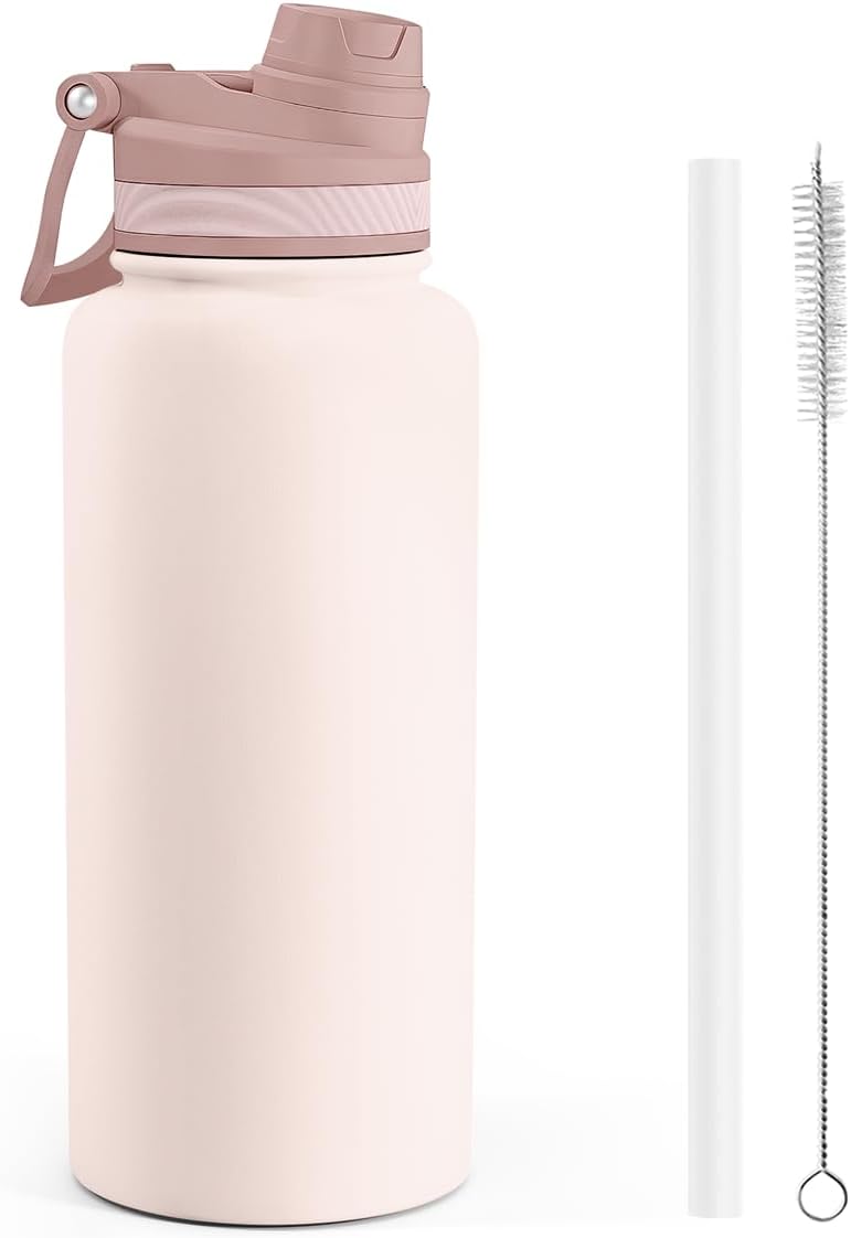 SANDJEST Pickleball Stainless Steel Water Bottle with Strap 32oz, Insulated Bottles with Straw and Spout Lid for Gym Sports Travel Outdoor, Gifts for Women Girls Birthday Christmas