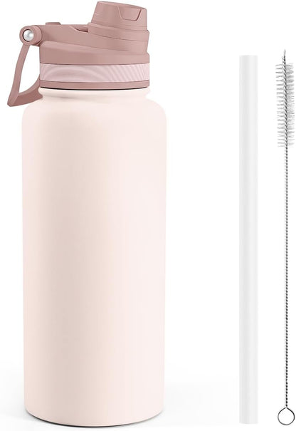 SANDJEST Pickleball Stainless Steel Water Bottle with Strap 32oz, Insulated Bottles with Straw and Spout Lid for Gym Sports Travel Outdoor, Gifts for Women Girls Birthday Christmas