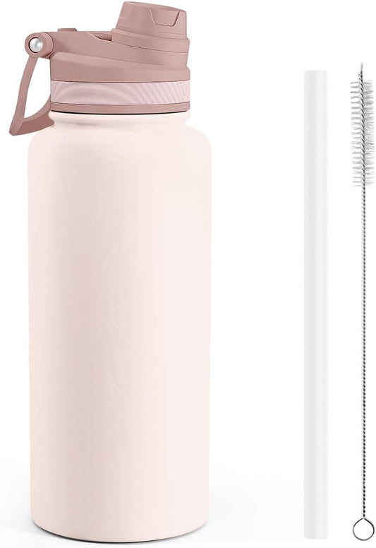 SANDJEST Pickleball Stainless Steel Water Bottle with Strap 32oz, Insulated Bottles with Straw and Spout Lid for Gym Sports Travel Outdoor, Gifts for Women Girls Birthday Christmas