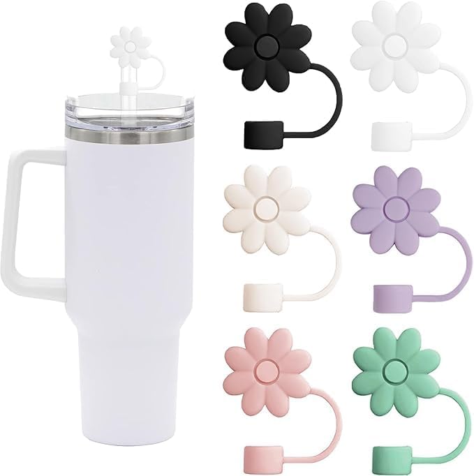 Flower Straw Covers Toppers for Stanley Cups 30&40 Oz Tumbler with Handle Accessories 4PCS Silicone Straw Caps Reusable Straws Tips Protectors for Stanley Cup 10mm 0.4in Straws,Off White
