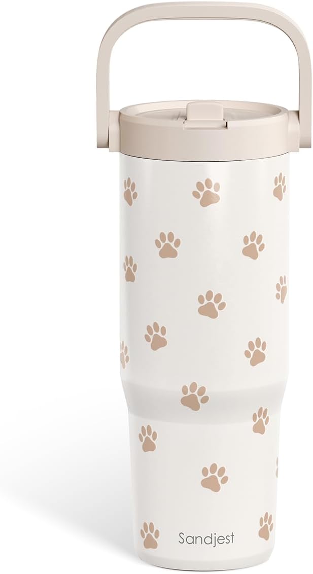 SANDJEST Leopard Skin Stainless Steel Straw Lid Tumbler 30oz with Carry Handle for Women Girls, Insulated Travel Coffee Cup, Gift for Sports Outdoor Workout Christmas Birthday (Beige)