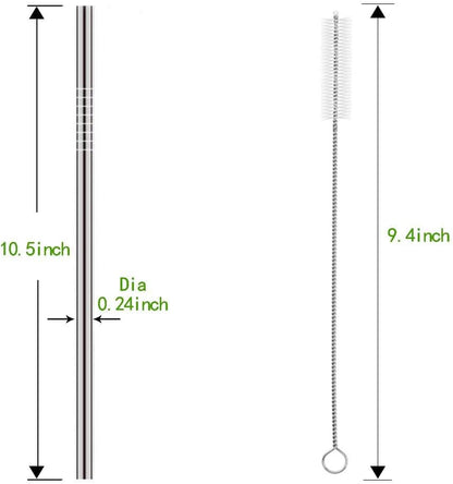 Set of 10 Stainless Steel Straws, HuaQi Straight Reusable Drinking Straws 10.5'' Long 0.24‘’ Dia for 30 oz Tumbler and 20 oz Tumbler, 2 Cleaning Brush Included (10 Straight Straw + 2 Brushes）