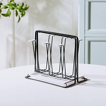 Metal Cup Drying Rack with 6 Hooks, Bottle Drying Rack with Drain Tray,Coffee Mug Holder,Mug Organizer Black