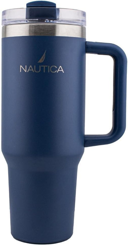Nautica 40oz Insulated Tumbler with Handle and Straw, Stainless Steel Double Wall Vacuum Travel Mug, Leak-Resistant 3-Way Lid, Keeps Cold for 24 Hours, Fits Car Cup Holders (NAVY)