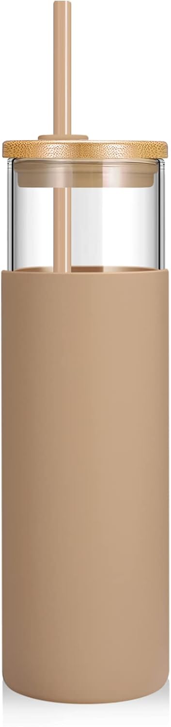 Tronco 24 oz Glass Tumbler with Lids and Straw, Reusable Iced Coffee Cup & Smoothie Cup with Bamboo Lid, Silicone Sleeve, Dishwasher Safe, BPA-Free Borosilicate Glass, 1 Pack