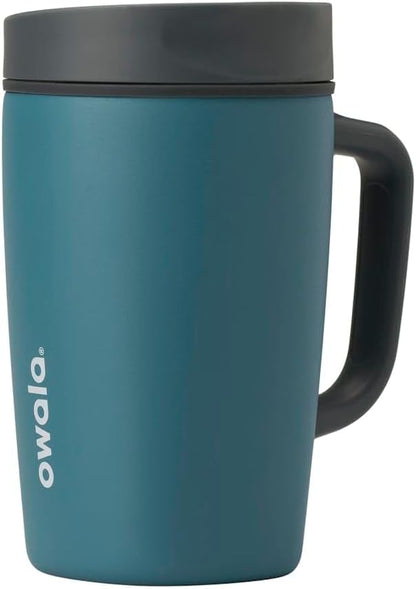 Owala SmoothSip Slider Insulated Stainless Steel Coffee Tumbler, Reusable Iced Coffee Cup, Hot Coffee Travel Mug, BPA Free 20 oz, Grey/Blue (High Dive)