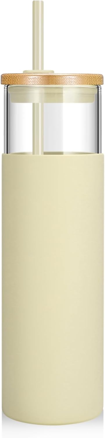 Tronco 24 oz Glass Tumbler with Lids and Straw, Reusable Iced Coffee Cup & Smoothie Cup with Bamboo Lid, Silicone Sleeve, Dishwasher Safe, BPA-Free Borosilicate Glass, 1 Pack