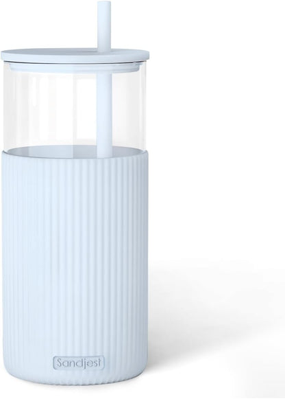 SANDJEST Glass Tumbler with Straw and Lid, Glass Water Bottle with Silicone Sleeve 20oz, Smoothie, Iced Coffee Cup, Gifts for Women Teen Girls Birthday Christmas (Cream)