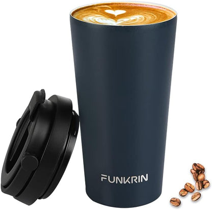 Funkrin Insulated Coffee Mug with Ceramic Coating, 16oz Iced Coffee Tumbler Cup with Flip Lid and Handle, Double Wall Vacuum Leak-Proof Travel Mug for Office School Party Camping