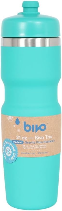 Bivo Trio 21oz Insulated Stainless Steel Bike Water Bottle - for Cycling - Fits Most Cages, Dishwasher Safe - Keeps Drinks Cold 12+ Hours - True Blue