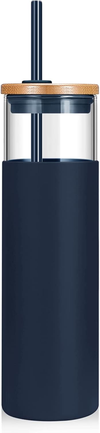 Tronco 24 oz Glass Tumbler with Lids and Straw, Reusable Iced Coffee Cup & Smoothie Cup with Bamboo Lid, Silicone Sleeve, Dishwasher Safe, BPA-Free Borosilicate Glass, 1 Pack