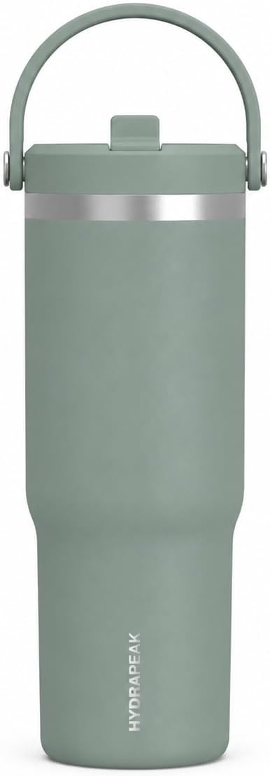 Hydrapeak Nomad 32oz Insulated Stainless Steel Travel Tumbler with Handle & Straw Lid, Leakproof, Cupholder Friendly, Keeps Drinks Cold 24 Hours, Reusable Bottle for Daily Hydration (Pale Sage)