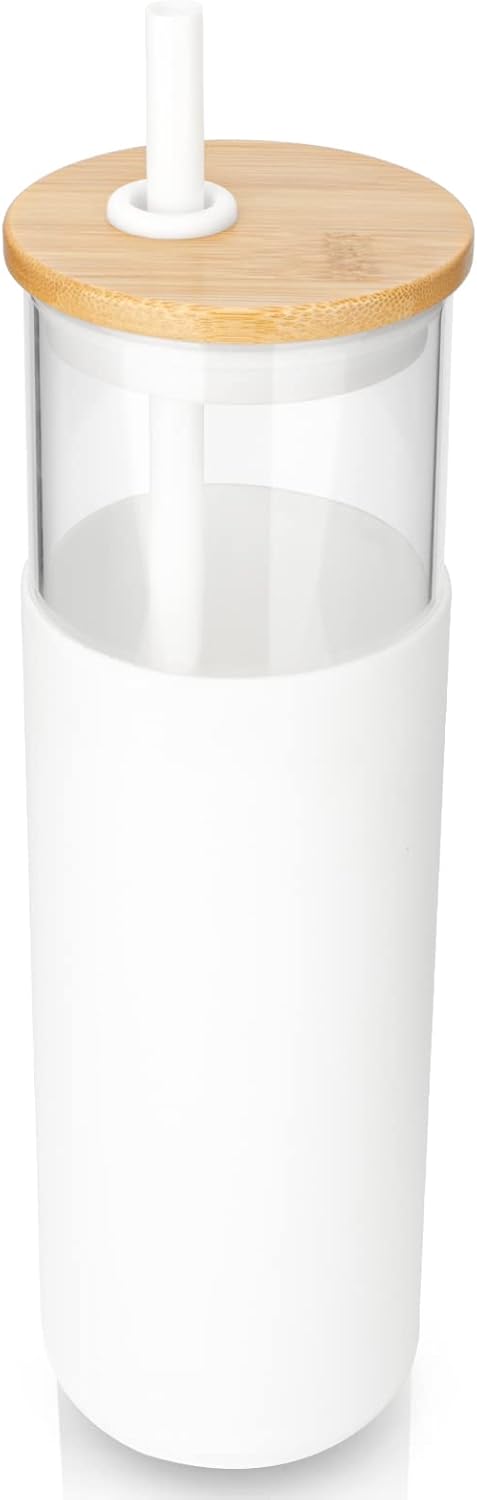 Tronco 24 oz Glass Tumbler with Lids and Straw, Reusable Iced Coffee Cup & Smoothie Cup with Bamboo Lid, Silicone Sleeve, Dishwasher Safe, BPA-Free Borosilicate Glass, 1 Pack