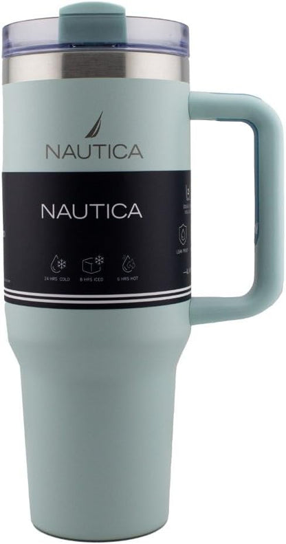 Nautica 40oz Insulated Tumbler with Handle and Straw, Stainless Steel Double Wall Vacuum Travel Mug, Leak-Resistant 3-Way Lid, Keeps Cold for 24 Hours, Fits Car Cup Holders (NAVY)
