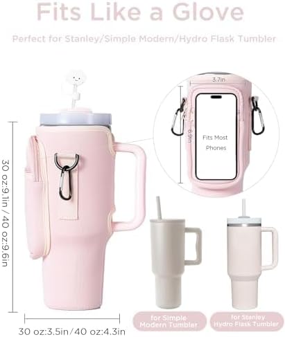 dabria Water Bottle Carrier Bag with Phone Pocket for Stanley 40/30 oz Tumbler Neoprene Water Bottle Holder Pouch with Adjustable Strap Bollus with Straw Cover for Stanley Cup Accessories