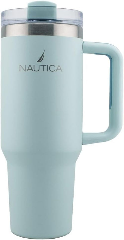 Nautica 40oz Insulated Tumbler with Handle and Straw, Stainless Steel Double Wall Vacuum Travel Mug, Leak-Resistant 3-Way Lid, Keeps Cold for 24 Hours, Fits Car Cup Holders (NAVY)