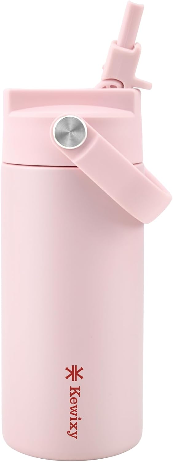 KEWIXY Kids Water Bottle for School, Easy Slide Lid, Leak Proof, Keep Cold 24H, Vacuum Insulated Tumbler, Metal Stainless Steel with Straw and Handle, for Boys&Girls (18OZ, Candy Pink)