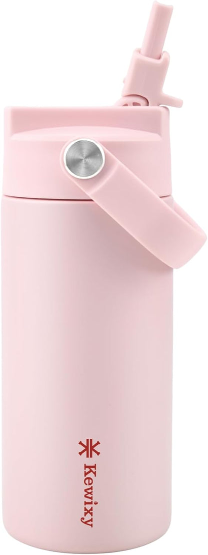 KEWIXY Kids Water Bottle for School, Easy Slide Lid, Leak Proof, Keep Cold 24H, Vacuum Insulated Tumbler, Metal Stainless Steel with Straw and Handle, for Boys&Girls (18OZ, Candy Pink)