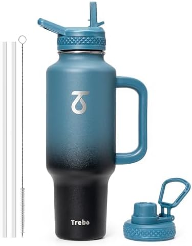 Trebo 40 oz Water Bottle Insulated Fit Car Cup Holder with Handle, Stainless Steel Water Bottles Tumbler with Spout Straw Lids, Double Wall Travel Reusable Flask, Leakproof Mug,Keep Cold &Hot,Black