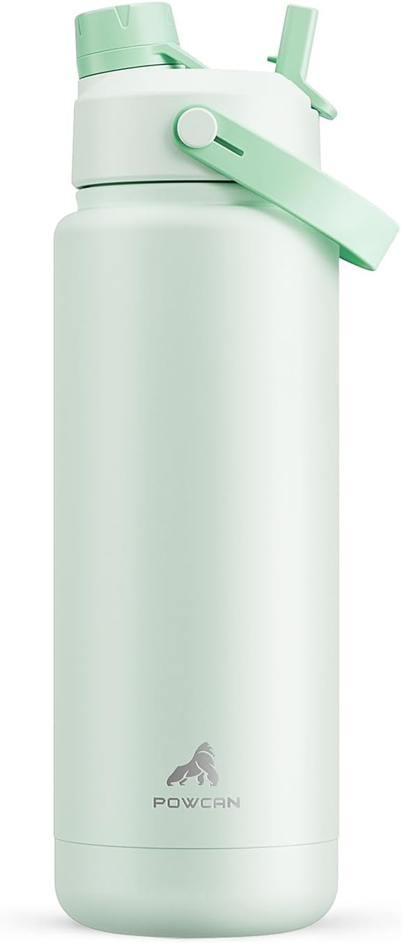 POWCAN 26 oz Insulated Water Bottle with 2-in-1 Straw and Spout Lid, Keep Cold 24H, Leak-Proof, Fits in Car Cup Holder, Stainless Steel Water Bottle for Sports, Travel, and School (Mint)